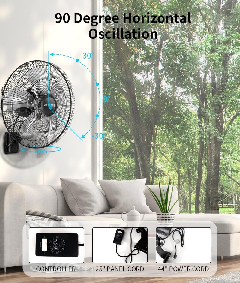 Beestar 18 inch High Velocity Wall Mount Fan Oscillating,Industrial Fan with 5 Speed Ventilation,90 Degree Horizontal Oscillation,Heavy Duty Metal Fan for Warehouse,Greenhouse and Basement - Image 4